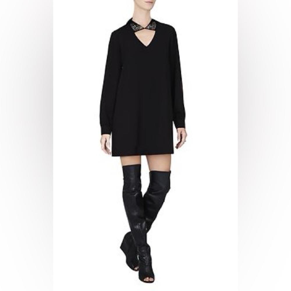 BCBGMaxAzria Black Long-Sleeve Mini Shift Crepe Dress Irena Jeweled Collar